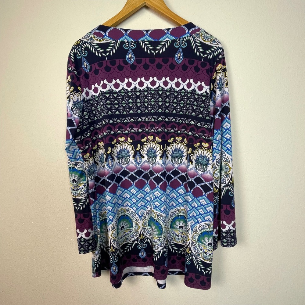 One World Womens 2X Long Sleeve V Neck Beaded Embellished Tunic Top Multi Print - Picture 6 of 8